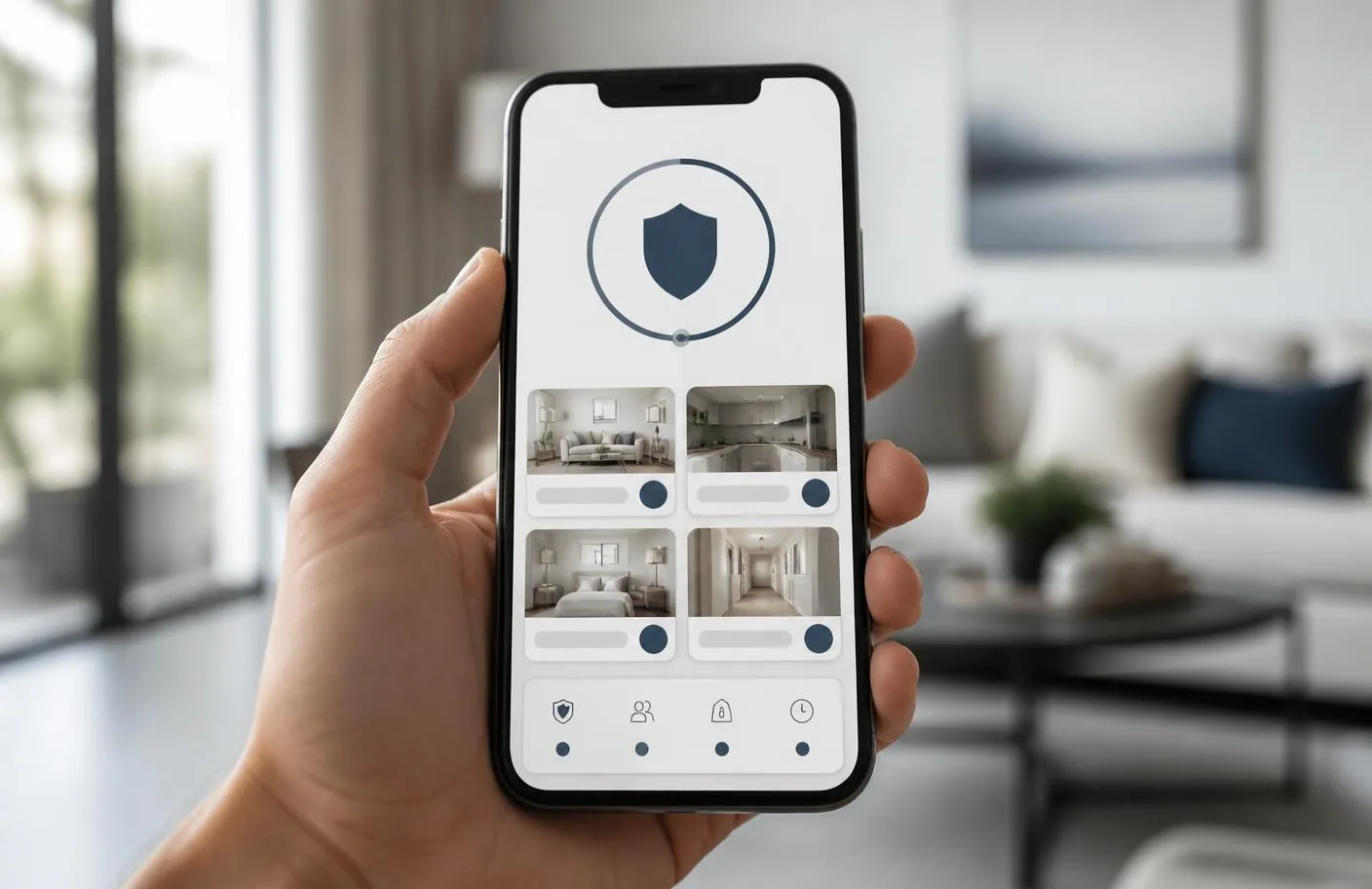 Smartphone mit neutral dargestellter App-Oberfläche zur Steuerung einer Alarmanlage