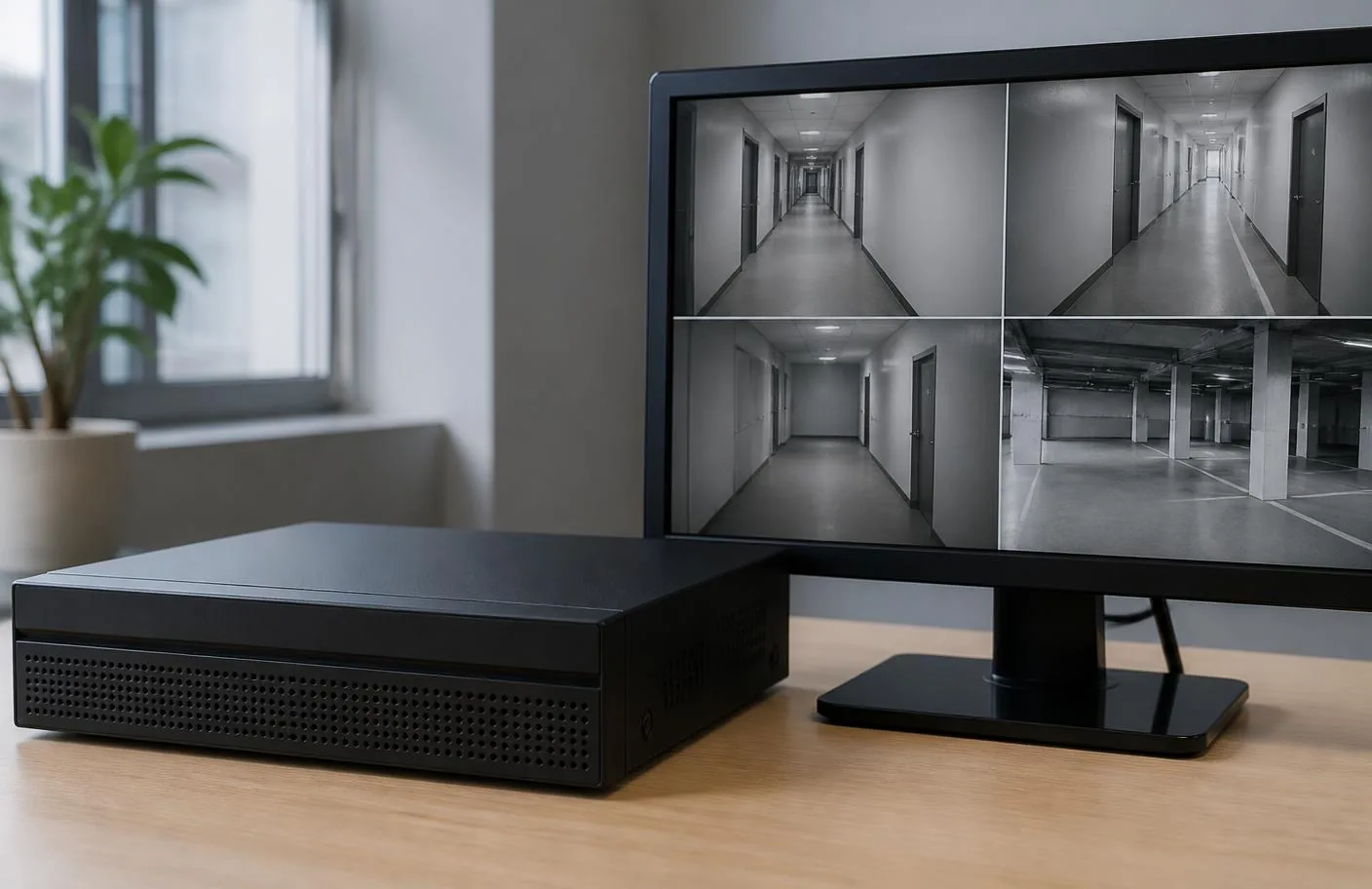 Netzwerkrekorder auf einem Schreibtisch neben einem Monitor mit vier Kameraansichten